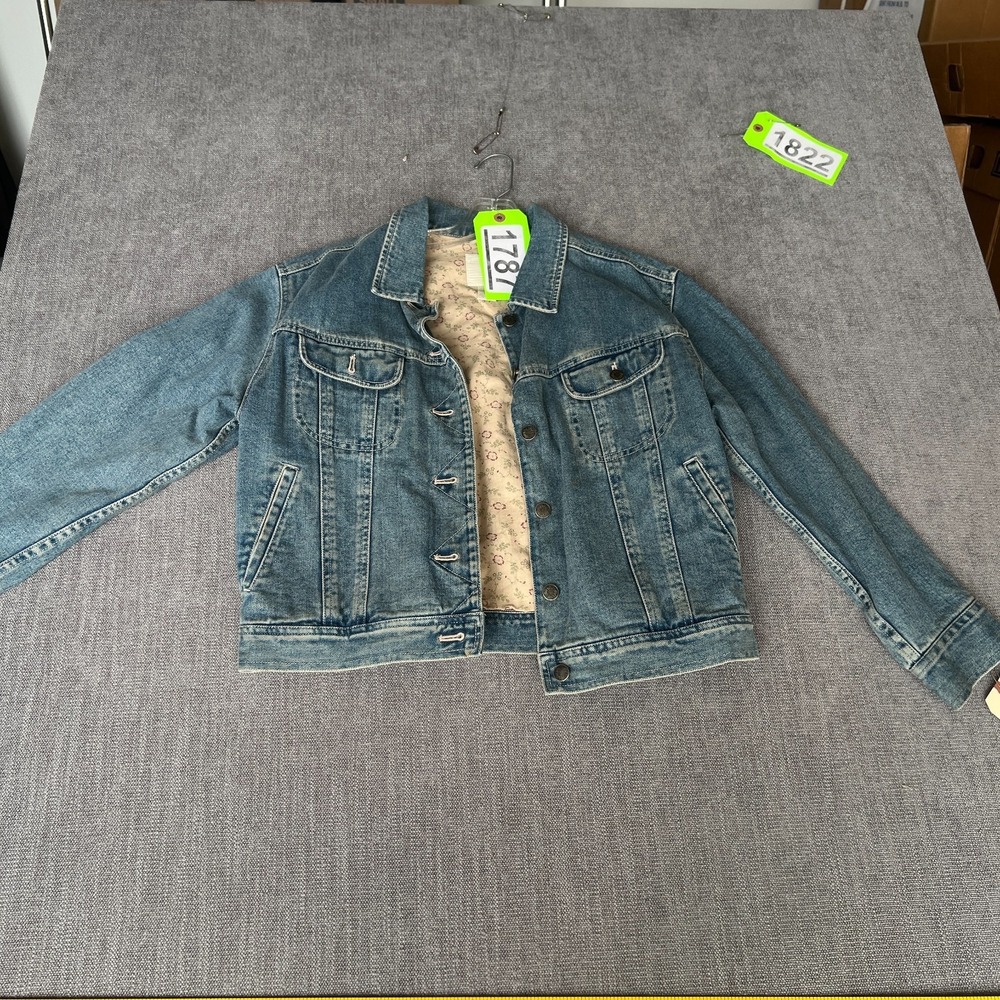 J. Jill Trucker Jacket Womens Petite MP Blue Denim Floral Lined Button Front